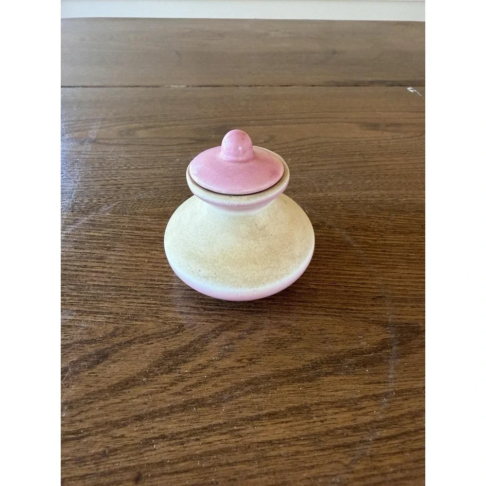 Vintage Mid Century Matte Ceramic Lidded Jar Pink Ivory Floral Trinket Pot